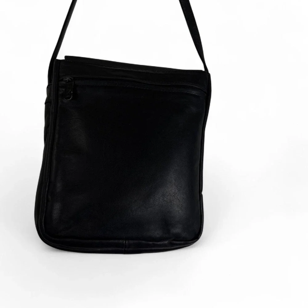 Bree Black Leather Crossbody Bag Adjustable Strap Minimalist Flap Purse Small